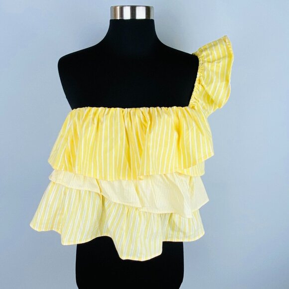 Maeve By Anthropoloigie Top Crop Womans Yellow White Stroped Ruffle One Sleeve S - Picture 1 of 5